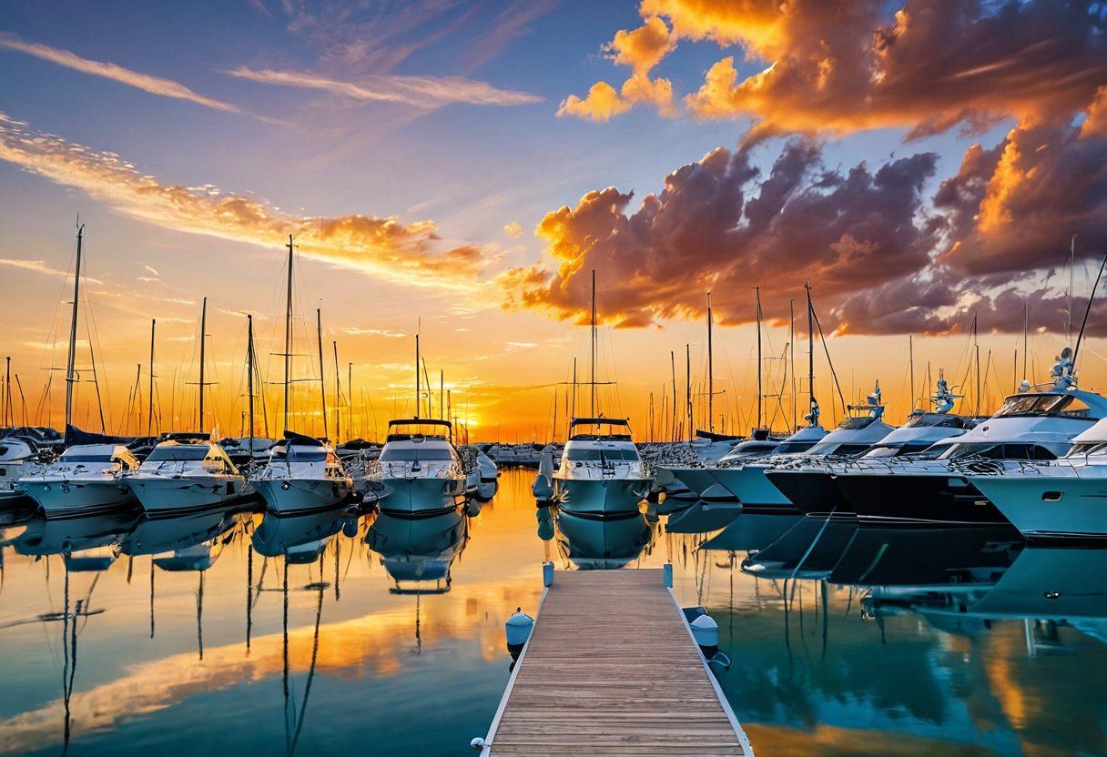 A serene marina scene with luxurious yachts anchored safely against a backdrop of calm blue waters and a vibrant sunset. Include a split view showing a captain reviewing safety protocols on one side and a detailed checklist of liability considerations on the other. Emphasize the importance of marine risk management with subtle overlays of regulatory symbols and arrows indicating safety measures. vivid colors. super-realistic. 3D.
